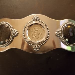 Stainless steel belt buckle with 1 half dollar coin with 2 decorative stones on